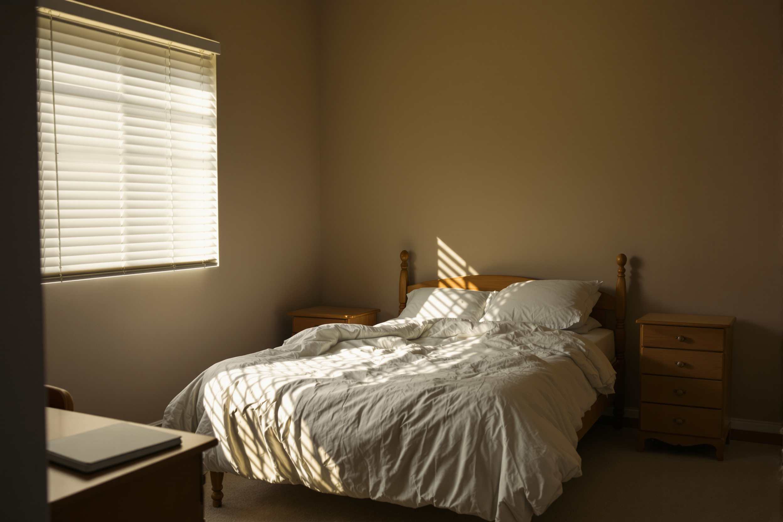 A simply furnished, freshly painted bedroom in a modest house, morning light across the wall.