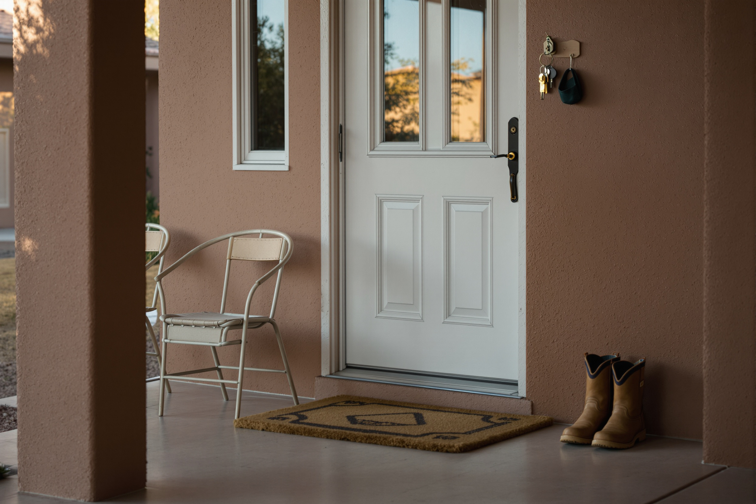 A swept front porch of a small Arizona house in early morning light.