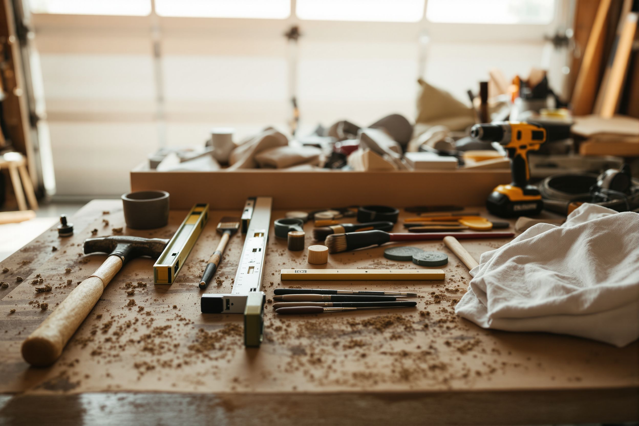 Hand tools laid out in order on a clean garage workbench in warm daylight.